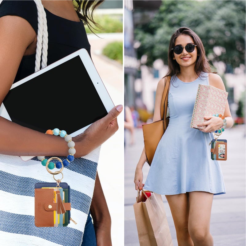 COOLANS Wristlet Bracelet Keychain Card Holder Card Pocket PU Leather Purse Tassel Keychain Bangle Key Ring for Women Girls (Silicone Bead Bracelet+Card Purse (Rainbow)) - Image 3